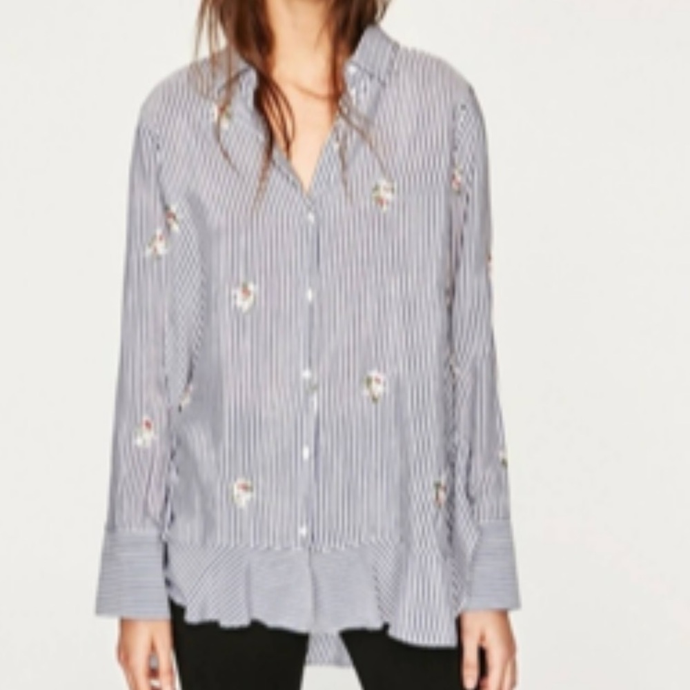 Zara Woman Long Sleeve Pinstripe Floral Embroidered Too